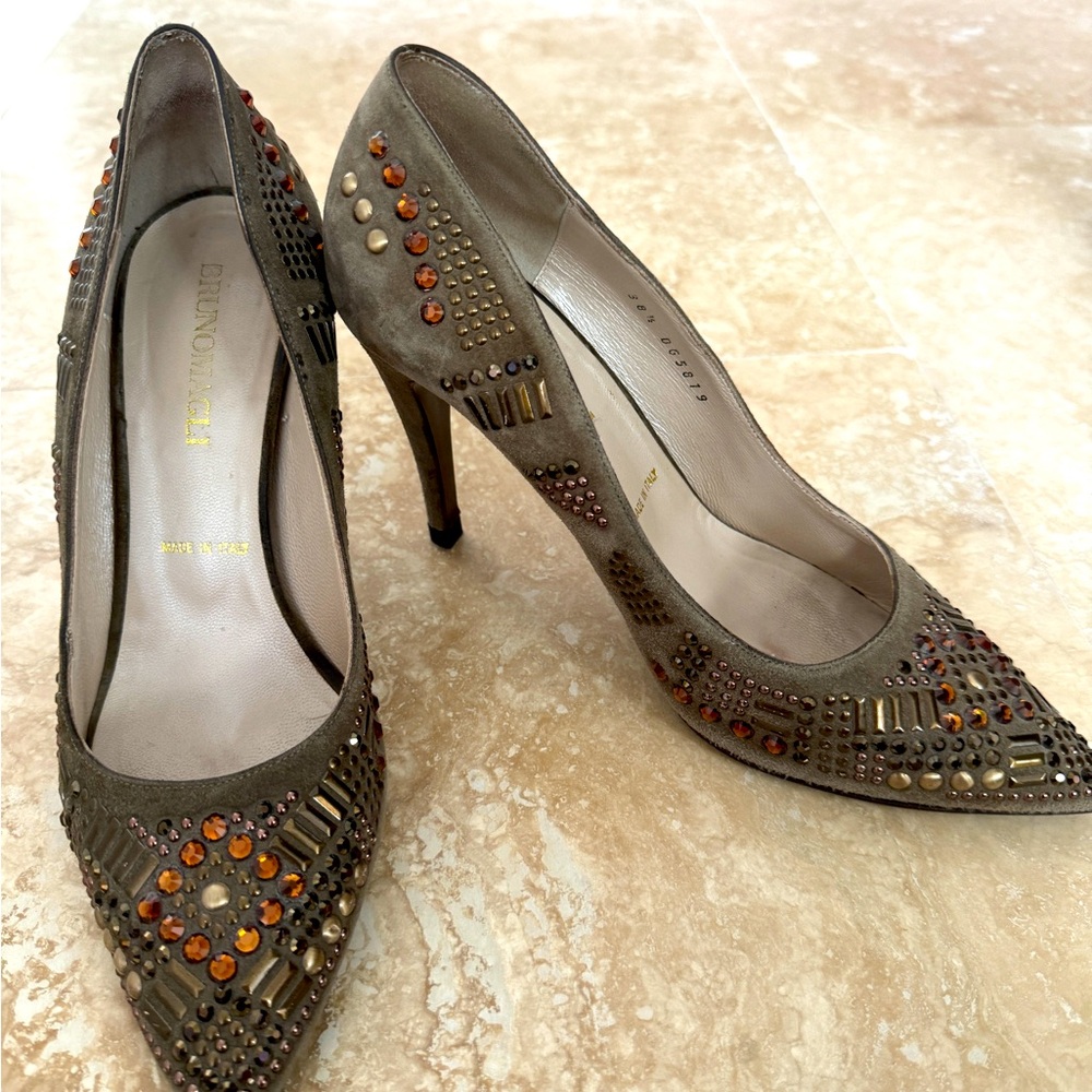 Bruno Magli vintage suede leather embellished pumps